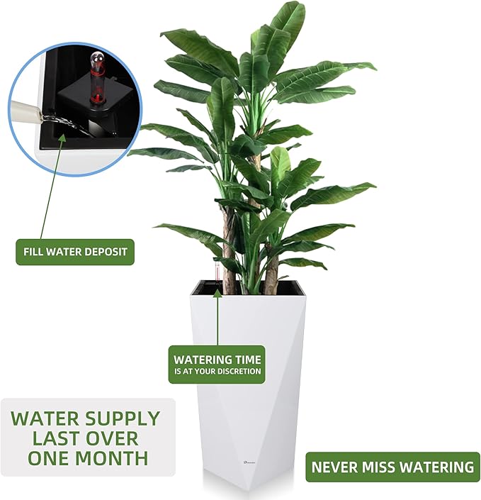 Dexceder 24 Inches Tall Self Watering Planter Diamond High Gloss Indoor Outdoor, Thickened Rhombus Large Floor Standing Flower Plant Pot with Water Level Indicator (White)-Ruum Studio Home
