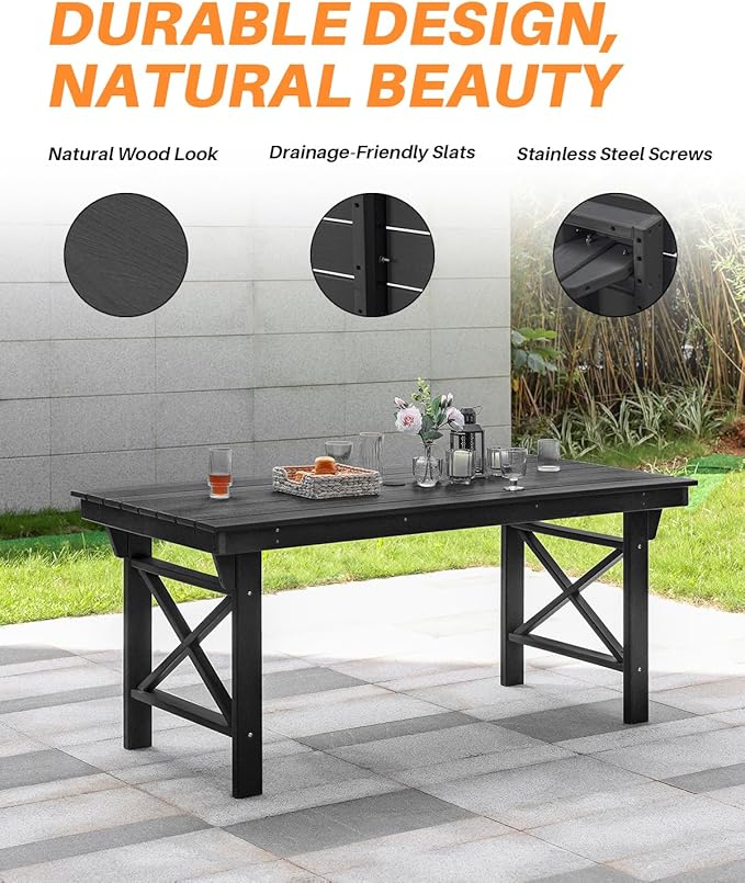 HDPE Outdoor Dining Table, 66.9” Rectangle Patio Dining Table for 6, All-Weather HDPE Outdoor Table with 2.2” Umbrella Hole, HDPE Patio Furniture for Deck, Backyard, Garden, Pool, Obsidian-Ruum Studio Home
