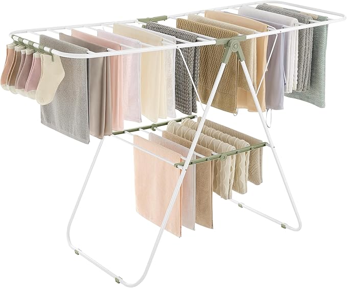 SONGMICS Clothes Drying Rack, with Sock Clips, Metal Laundry Rack, Foldable, Space-Saving, Free-Standing Airer, with 2 Height-Adjustable Gullwings, Indoor Outdoor Use, White and Green ULLR052C01-Ruum Studio Home