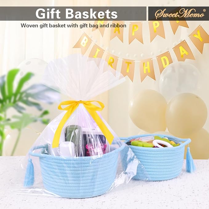 Empty Gift Basket – SweetMemo Mini Woven Rope Organizer Baskets for Gifting, Baby Shower, Desk, Makeup Brushes, Bathroom, Shelves – Small Decorative Storage Bin with Gift Bag & Ribbon – Soft Blue-Ruum Studio Home