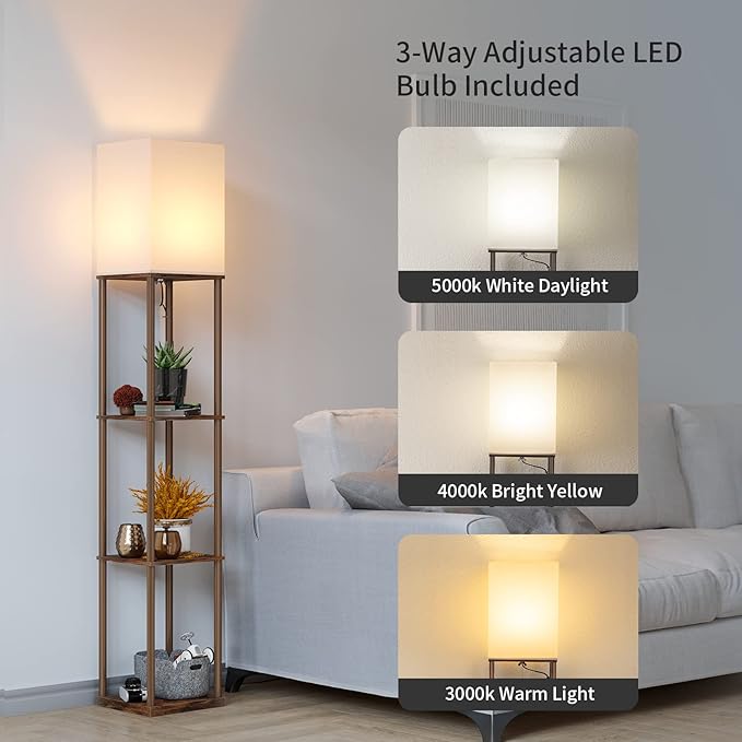 SUNMORY Floor Lamp with Shelves, Modern Square Standing Lamp with 3 Color Temperature Bulb, Corner Display Bookshelf Lamp for Living Room and Bedroom (Rustic Brown)-Ruum Studio Home