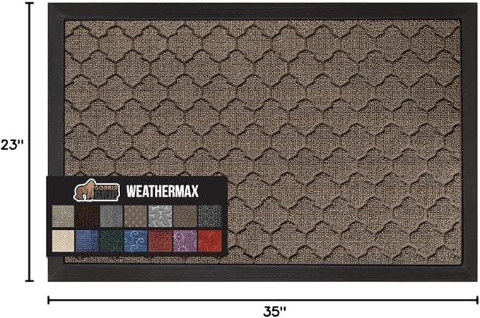 GORILLA GRIP 100% Waterproof All-Season WeatherMax Doormat 35x23, US Designed Natural Rubber, Stain and Fade Resistant, Low Profile Indoor Outdoor Door Mats, Easy Clean Patio Mat, Latte Quatrefoil-Ruum Studio Home