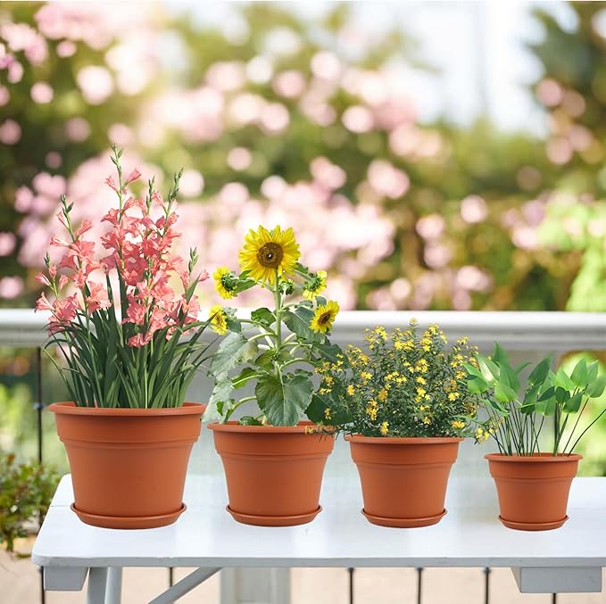 10 Inch Plastic-Flower-Pot-for-Indoor-Plants, 4 Pack Large Outdoor Planter Pot with Drainage Holes & Saucers, Resin Decorative Garden Pots Planters-Ruum Studio Home