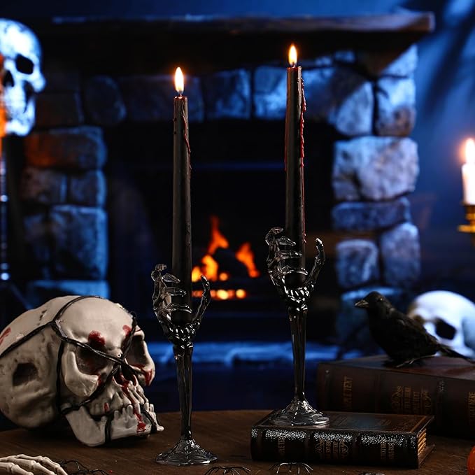 LemonRoad 2 Pcs Halloween Skull Candle Holders Halloween Table Centerpieces Fireplace Decorations Skeleton Gothic Decor Horror Skeleton Skull Candlestick Holders for Home Office Bar Party Supplies-Ruum Studio Home
