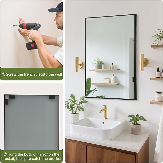 FARMER 22x30 Inch Black Bathroom Mirror, Rectangle Wall Mounted Mirror, Vanity Mirror, Brushed Square Mirror, Framed Bathroom Mirror for Bedrooms, Entryways, Living Rooms, Horizontal/Vertical-Ruum Studio Home