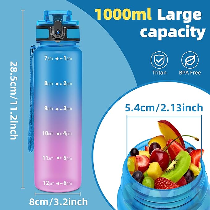 OLDLEY 32 oz Water Bottle, Motivational Water Bottle with Time Marker, Sports Water Bottle With Strap, Leakproof & BPA Free Large Water Bottles for School, Gym, Travel, Outdoor, Tritan,Blue&Purple-Ruum Studio Home