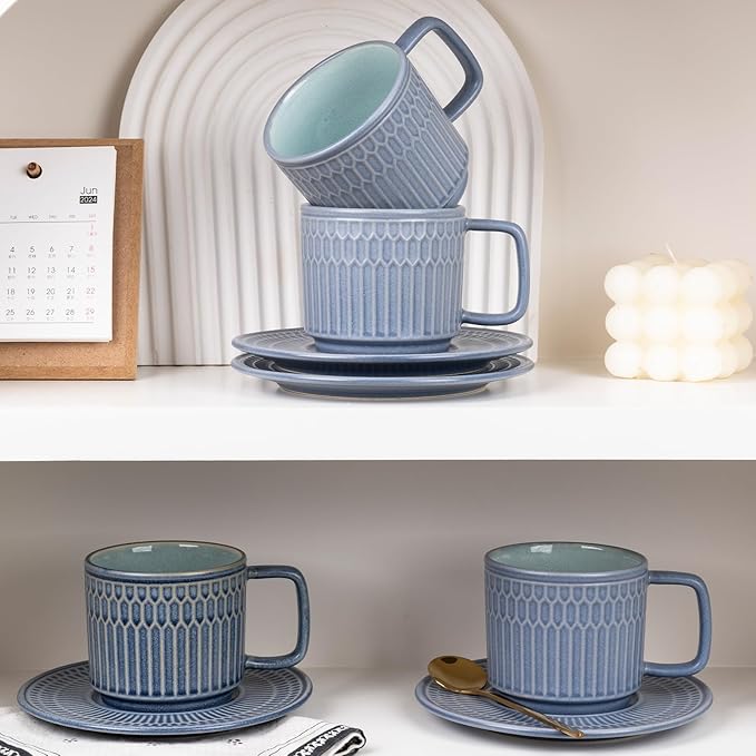 Large Cappuccino Cups with Saucers Set of 4, 8 Ounce Stackable Embossed Ceramic Coffee Mugs for Specialty Coffee Drinks, Latte, Cafe Mocha and Tea, Dishwasher & Microwave Safe (Blue)-Ruum Studio Home