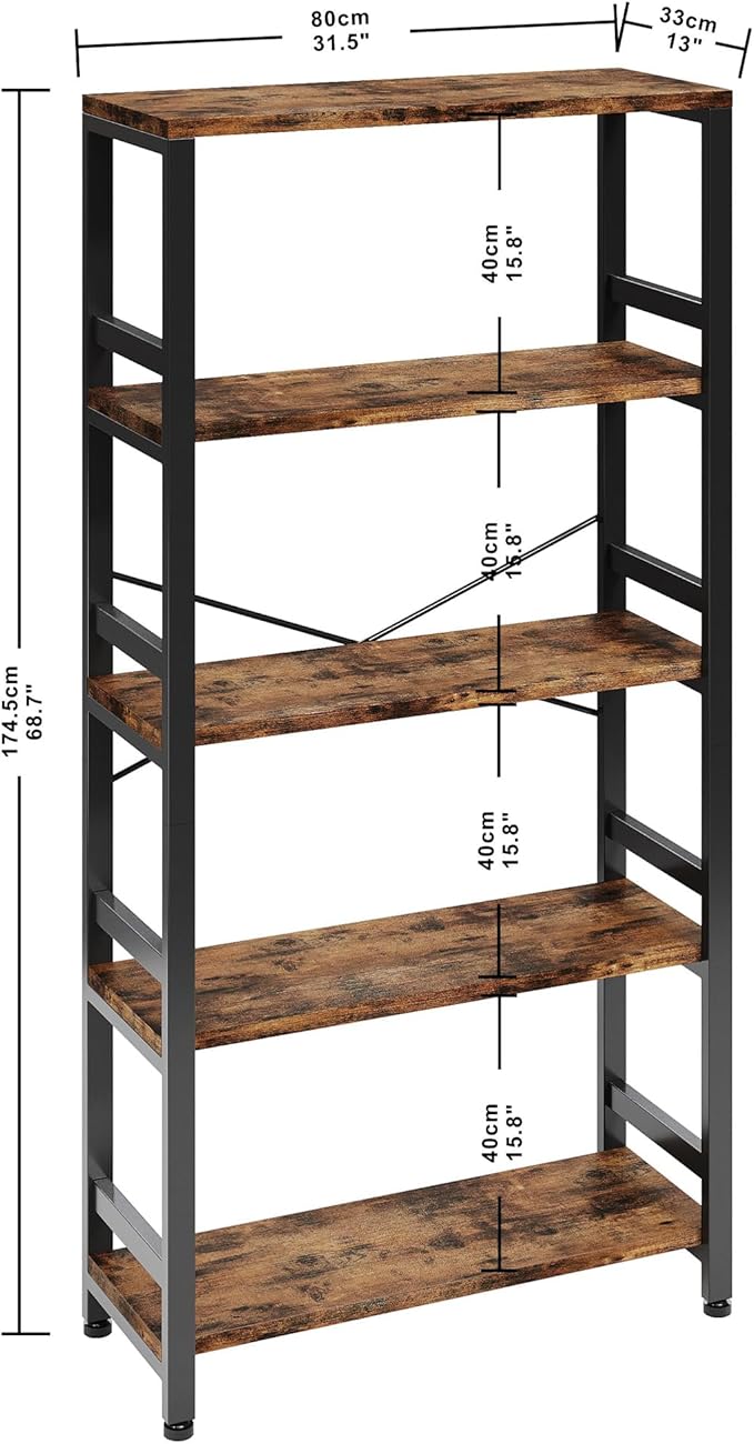 IRONCK Bookshelves and Bookcases, 31.5in Wide Shelf 5-Tier Ladder Shelf 110lbs/shelf Vintage Industrial Style Bookcase for Bedroom Living Room Home, Vintage Brown-Ruum Studio Home