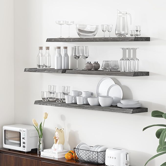 Floating Shelves for Wall, 55"x9.3" Rustic Solid Live-Edge Elm Wood Wall Shelves, Heavy-Duty Floating Shelves with Invisible Brackets, Set of 2 for Living Room, Bedroom, and Kitchen, Grey Finish-Ruum Studio Home