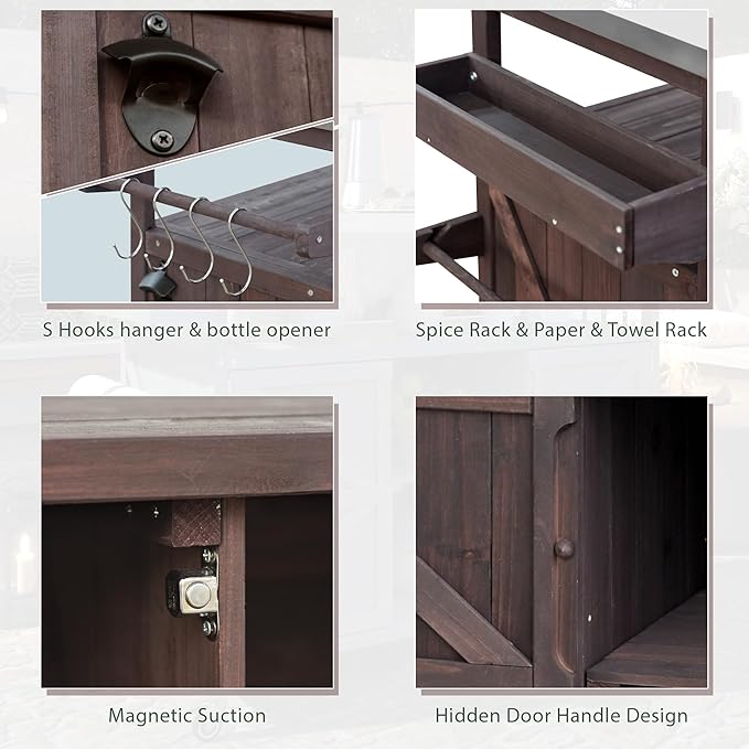 Farmhouse Solid Wood Grill Table with Stainless Steel Top, Outdoor Rolling Bar Cart & Storage Cabinet with Spice & Towel Rack, Outdoor Kitchen Island with Internal Storage Rack, Dark Brown-Ruum Studio Home