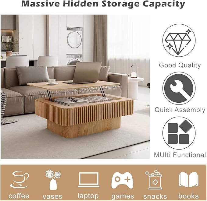 Lift Top Coffee Table with Storage, Solid Wood Coffee Table with Adjustable Height, Fluted Center Table Accent Tea Table for Living Room, Apartment, Office (38.6" Natuall)-Ruum Studio Home