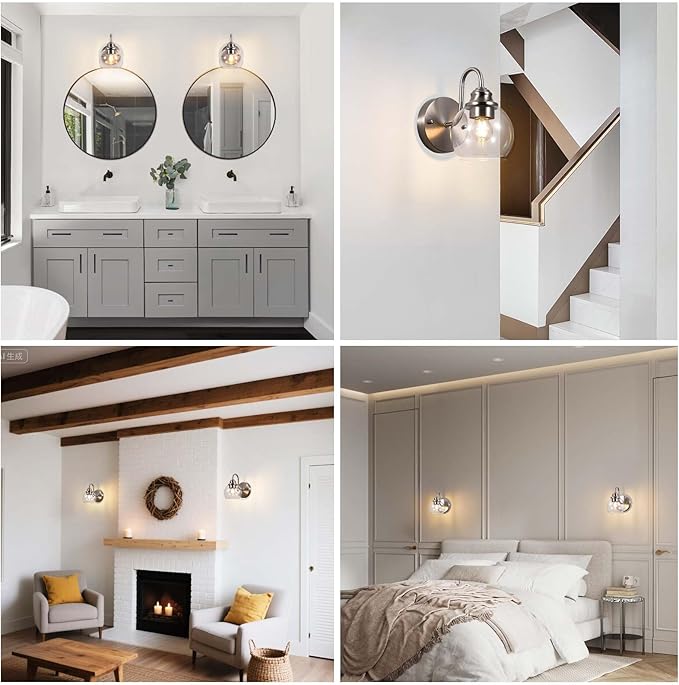 Farmhouse Gooseneck Wall Sconces Set of Two, Bathroom Brushed Nickel Vanity Light, Modern Indoor Wall Light Fixtures with Clear Glass for Bathroom Beside Mirror Living Room Hallway(Brushed Nickel)-Ruum Studio Home