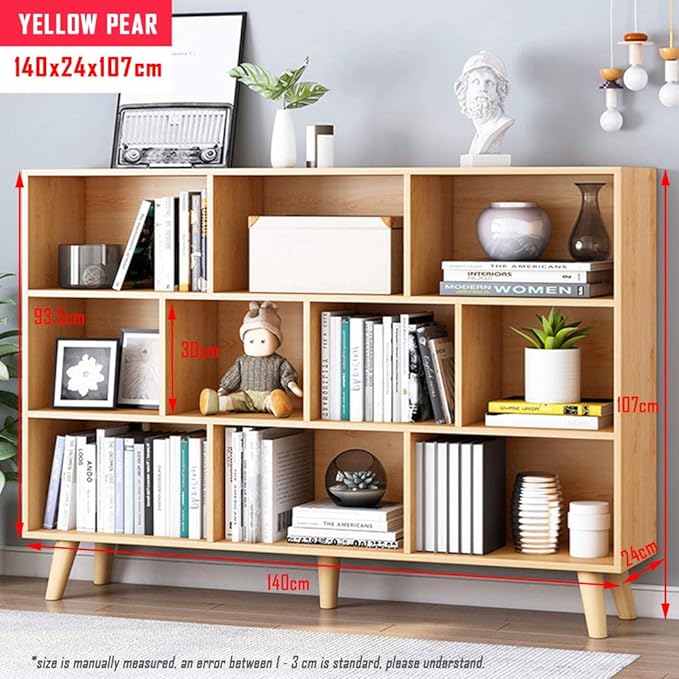 IOTXY Wooden Open Shelf Bookcase - 3-Tier Floor Standing Display Cabinet Rack with Legs, 10 Cubes Bookshelf, Pear Yellow-Ruum Studio Home