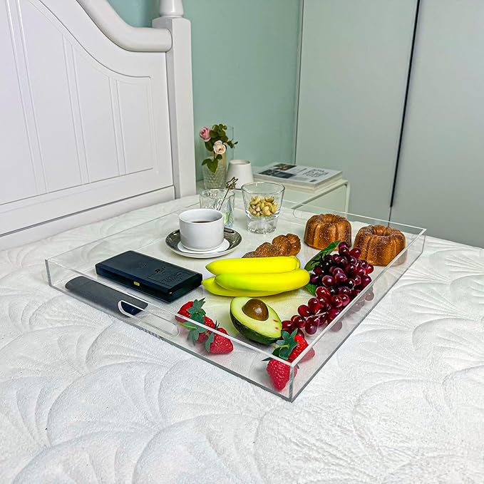 Clear Rectangular 18x20 Inches Acrylic Ottoman Tray Decorative Serving Tray with Cutout Handles Organizer Tray on Coffee Table Countertop Big Breakfast Bed Tray Living Room Appetizer Serving Food-Ruum Studio Home