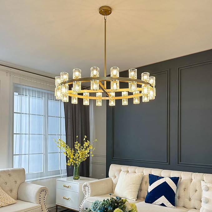 Modern 36" Gold Round Chandelier Light Fixture, K9 Crystal Chandeliers for Dining Room, Living Room, Dining Room Chandeliers Over Table, Chandelier for Bedroom, Foyer, Includes 36XG4 Bulbs-Ruum Studio Home