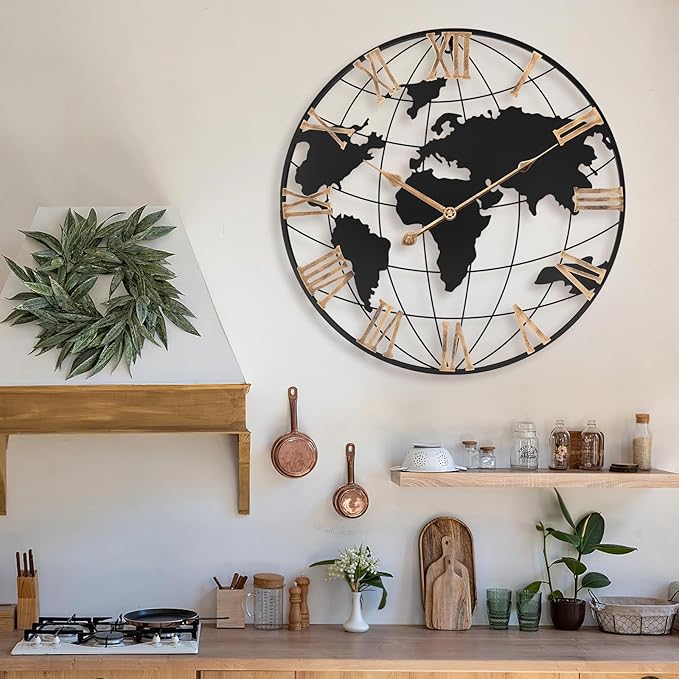 20 Inch Large Wall Clock for Living Room Decor,Big Modern Decorative Silent World Map Metal Wall Clock with Vintage Gold Roman Numeral for Office,Living Room,Kitchen,Dining Room-Ruum Studio Home