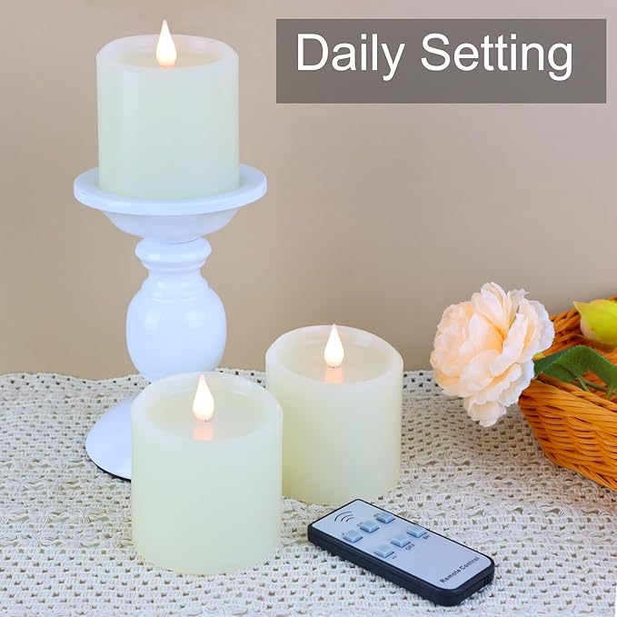 Flameless Candles Battery Operated with Remote Timer, 3D Moving Flame Flickering, Last 600+ Hours Battery Candles, Set of 3 Ivory Real Wax Electric LED Candle, 3" x 3"-Ruum Studio Home