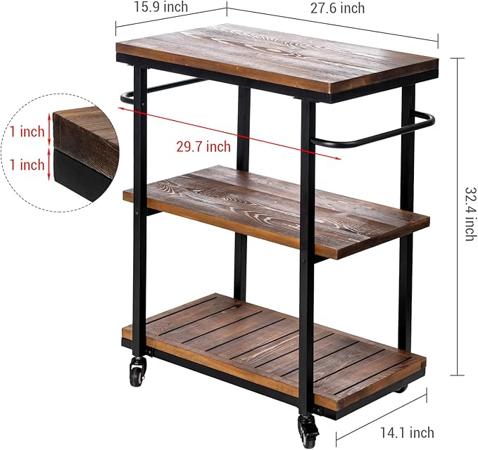Bar Carts for The Home, Rolling Home Bar Serving Cart on Wheels, 3 Tier Portable Bar Cart, Rolling Coffee Cart with Lockable Wheels, Rustic Burnt Solid Wood and Industrial Matte Black Metal-Ruum Studio Home