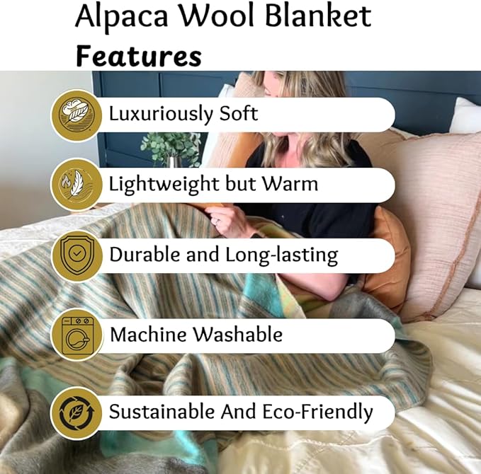 Alpaca Wool Throw Blanket | Super Soft, Lightweight, Breathable and Hypoallergenic | Non-Itchy or Scratchy (Green Gray Varicolored, Queen (U.S. Standard))-Ruum Studio Home