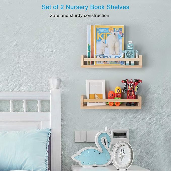 Nursery Floating Book Shelves for Kids Room, Kitchen Spice Rack, or Rustic Wall Mounted Shelves for Farmhouse Bathroom Decor (Natural Wood),Set of 2-Ruum Studio Home