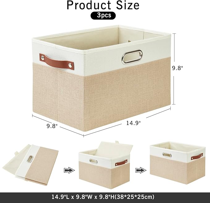 Large Collapsible Fabric Storage Bins with 3 Handles, Foldable Organizer Baskets for Closet, Shelves, Living Room | 3 Pack, Durable PU & Metal Handles (14.9"x9.8"x9.8", Beige & White)-Ruum Studio Home