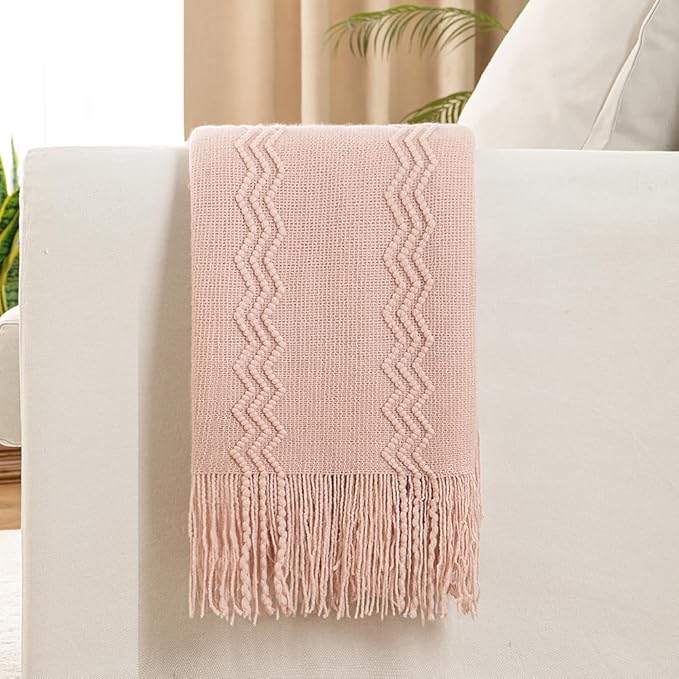 MIULEE Light Pink Knitted Throw Blanket for Couch Bed, Boho Textured Cozy Woven Decorative Farmhouse Blanket with Tassels for Sofa Chair Living Room 50"x60"-Ruum Studio Home