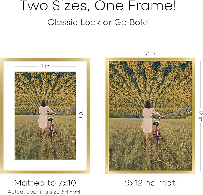 Homeforia 9x12 Gold Frame, High End Metal 9 x 12 Picture Frames with Mat 7 by 10 inch Photo, 9by12 Thin Poster Frame Matted to 7x10 Art, 12x9 Wall or Tabletop Frame, Tempered Glass, Wall Kit, Set of 1-Ruum Studio Home