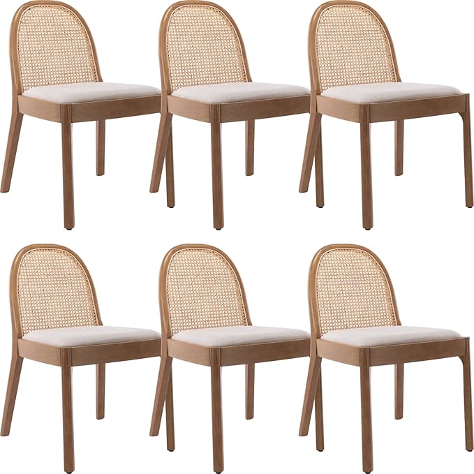 Mid Century Dining Chairs Set of 6, Accent Rattan Linen Fabric Side Chairs Kitchen Chair with Solid Wooden Legs for Living Room Dining Room, Beige-Ruum Studio Home