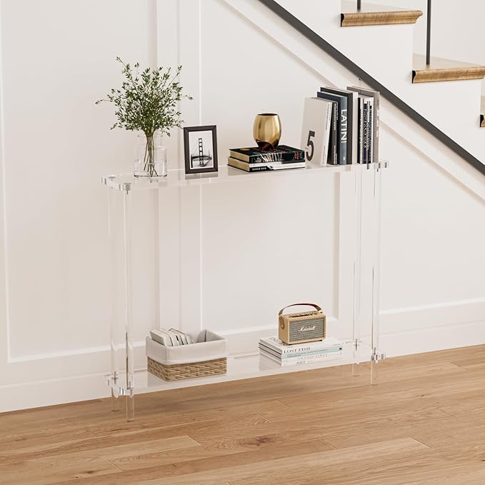 Acrylic Console Table, 2 Tier Acrylic Narrow Console Tables for Entryway,CHICUN, Square Legs, Skinny Console Table for Foyer, Sofa, Living Room,Clear-Ruum Studio Home