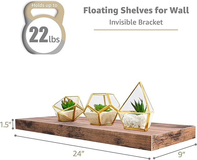Sorbus Floating Shelves for Wall - 24" Bathroom Shelves, Wall Decor for Bedroom, Kitchen, Living Room, Home Decor & Book Storage - Mounted Floating Shelf with Invisible Brackets (Mahogany, 3 Pack)-Ruum Studio Home