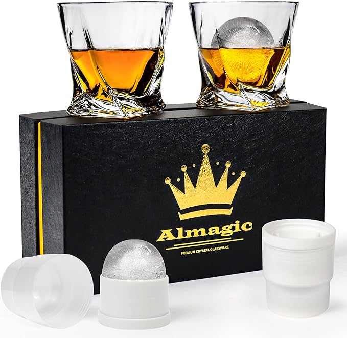 Crystal Whiskey Glasses Set of 2 with Ice Ball Molds, 11 Oz Old Fashioned Glasses Packaged in Giftable Box, Twisted Style Bourbon Glasses Gifts for Men, Stylish Whiskey Glasses Set-Ruum Studio Home