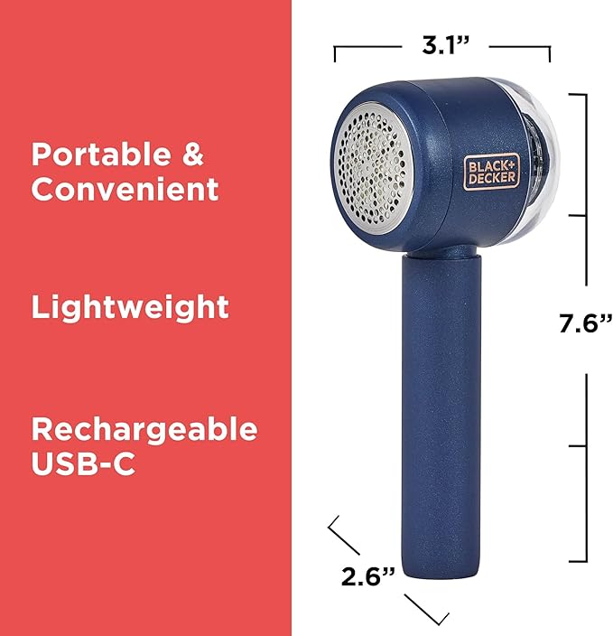 BLACK+DECKER Rechargeable USB-C Fabric & Garment Shaver – Large Capacity Lint Remover for Clothing and Upholstery, 6 Stainless Steel Blades-Ruum Studio Home