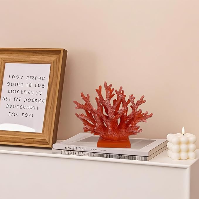 5.8" H Red Orange Coral Decor - Resin Coral Statue, Nautical Decor for Home, Bedroom, Bathroom, Living Room, Ocean Themed Cabinet Shelf Tabletop Decoration-Ruum Studio Home