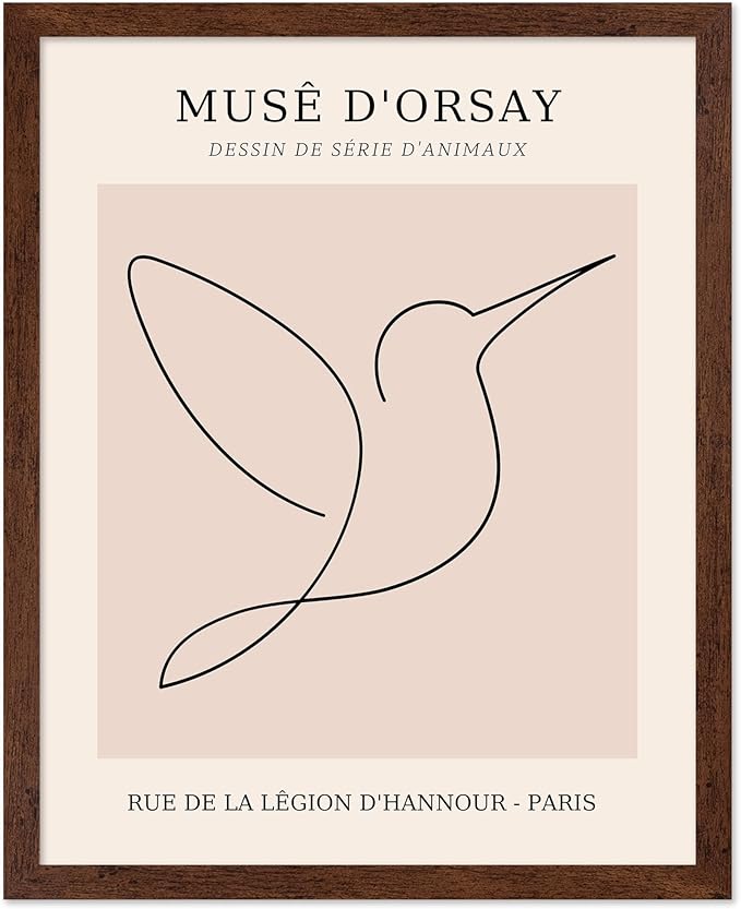 Poster Master Vintage Poster - Retro One Line Hummingbird Drawing Print - Bird Line Art - Minimal Gift for Him, Her, Animal Lover - Abstract Decor for Home, Office, 8x10 Brown Framed-Ruum Studio Home