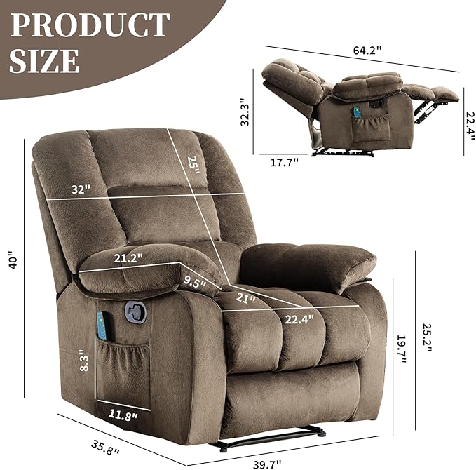 Massage Recliner Chair with Heat and Massage, Soft Fabric Ergonomic Manual Reclining Chairs, Heavy Duty Reclining Sofa Chair with Side Pockets for Living Room (Taupe)-Ruum Studio Home