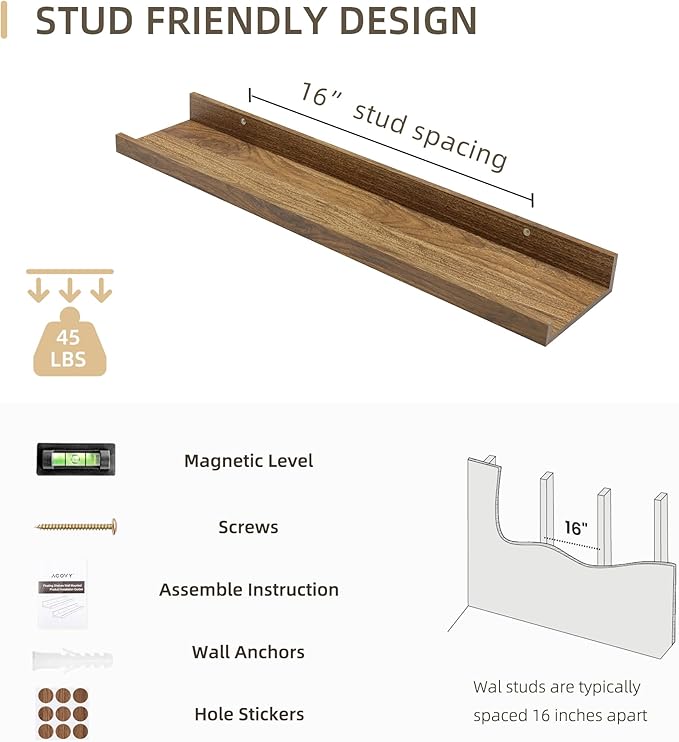 Picture Ledge Shelf, Wood Floating Shelves Set of 4, 24 inch Picture Ledge Shelves, Photo Ledge Nursery Book Shelves Wall Mounted for Living Room Kids' Room Bedroom, Color Walnut-Ruum Studio Home