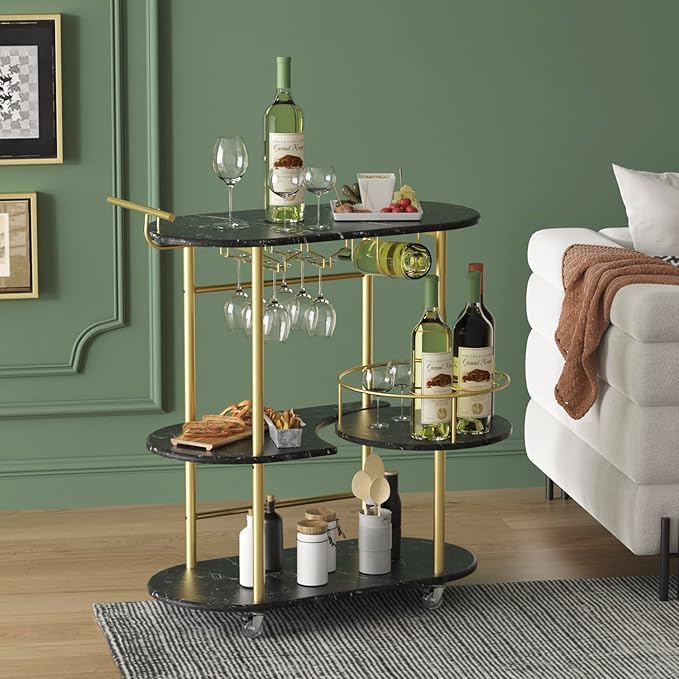Black Bar Carts with 4-Tier Storage Shelves, Mobile Bar Serving Cart with Wine Rack and Glass Holder, for The Home, Kitchen, Living Room, Dining Room-Ruum Studio Home