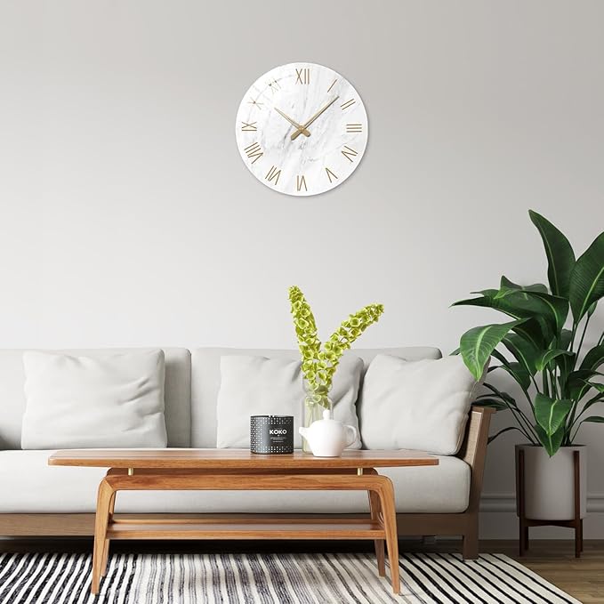 White Small Wall Clocks Battery Operated Marble Analog Clock for Bedroom 12 Inch Round Silent Wall Clock Modern-Ruum Studio Home