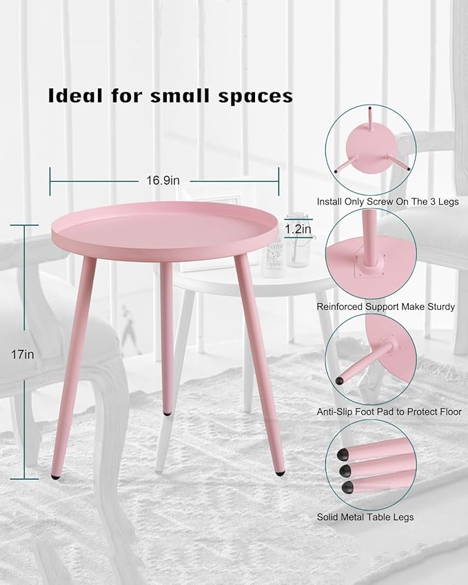 AOJEZOR Side Table: End Table for Any Room - Round Side Tables for Small Spaces - Pink with 3 Legged-Ruum Studio Home