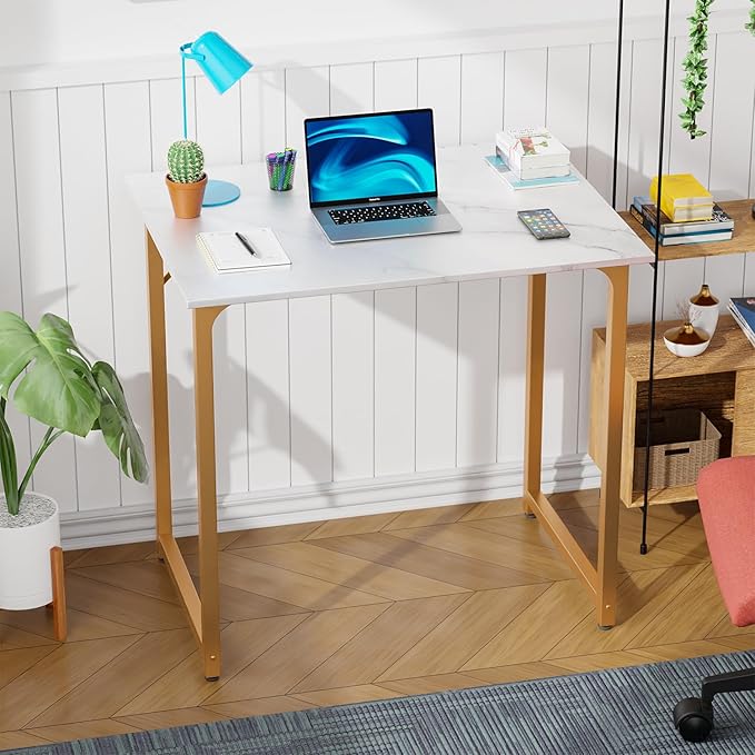 PayLessHere | 32 Inch Computer Desk | White Gold | Office Desk with Metal Frame, Adjustable Feet | Water-Resistant, Scratchproof Surface | Sturdy Writing Table for Home Office or Study | Pack of 1-Ruum Studio Home