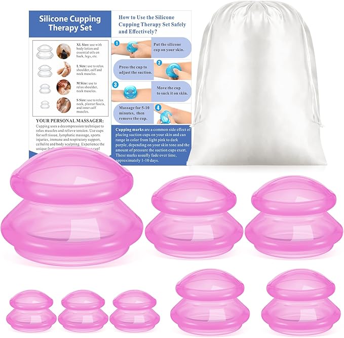 Nuanchu 8 Pcs 4 Sizes Cupping Therapy Set with Satin Bag Silicone Massage Cups Professional Cupping Therapy Vacuum Cup for Cellulite Joint Pain Muscle Pain(Clear Hot Pink)-Ruum Studio Home