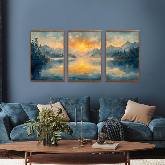 KAlRNE Sunset Mountain Canvas Wall Art,Abstract Scenery Wall Painting,Blue Landscape Lake Pictures,Watercolor Mountains Forests Art Prints For Living Room Bedroom Office Decoration - Framed 16X24 Inch-Ruum Studio Home