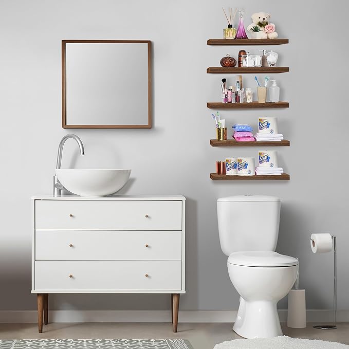 Sorbus Floating Shelves for Wall, Bathroom Shelves Wall Mounted for Kitchen, Bedroom, Living Room, Bathroom Storage, Over Toilet, Hanging Book Shelf for Ｗall Home Decor (Walnut, 5 Pack)-Ruum Studio Home