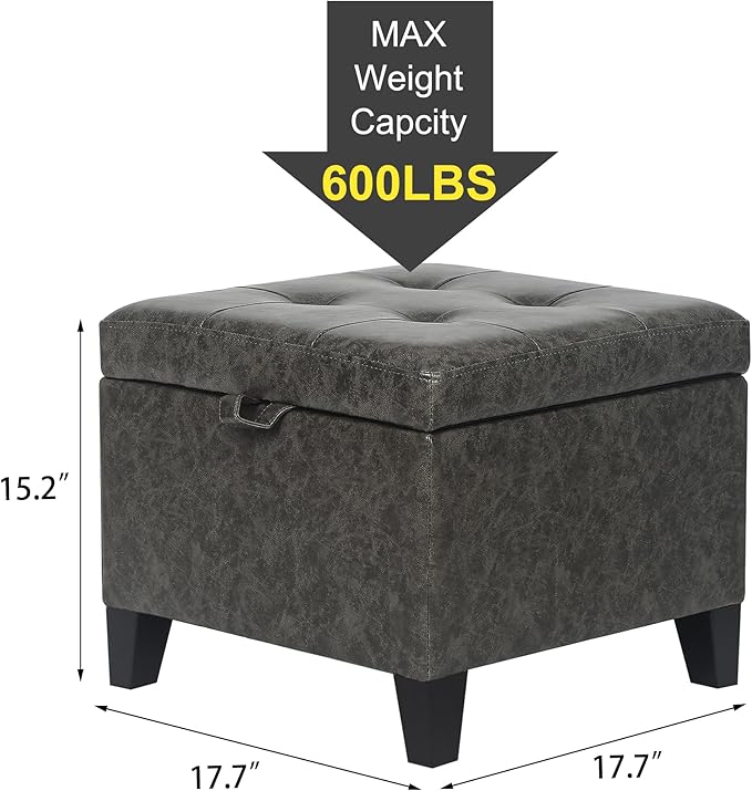 Adeco Faux Leather Storage Ottoman Bench with Wood Legs, 17.7" Square Mixed Grey PU Cube Foot Stool, Upholstered Button Tufted Vanity Chair with Hinged Lid for Living Room, Bedroom, Dorm-Ruum Studio Home