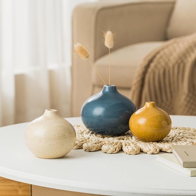 Ceramic Vase Set of 3,Small Vase for Home Decor,Mini Flower Vase, Decorative Vase for Table Living Room,Bedroom, Kitchen, Bathroom, Bookshelf-Ruum Studio Home