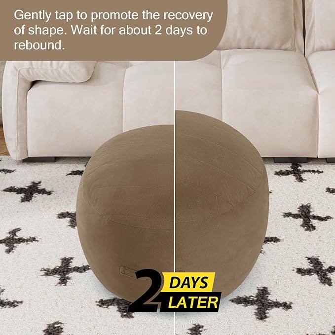 MeMoreCool Round Stuffed Pouf Ottoman Foot Rest, Floor Pouf Foot Stool with Soft Foam Chunk Filling, Small Round Ottoman Footstool Circle Footrest for Living Room, Light Coffee-Ruum Studio Home
