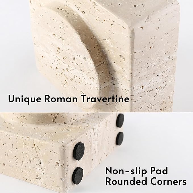 Koville Marble Square Book Ends, Heavy Duty Book Holders, Bookends for Shelves, Office Bookshelf Decor for CDs/Video Games(Travertino Romano)-Ruum Studio Home