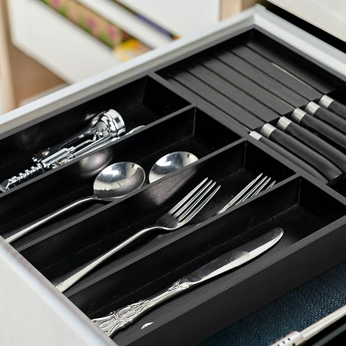 VaeFae Bamboo Silverware Organizer, Utensil Holder for Drawer, Wooden Cutlery Tray with Divider for Kitchen Drawer, Utensil Organizer with Knife Block（Black）-Ruum Studio Home