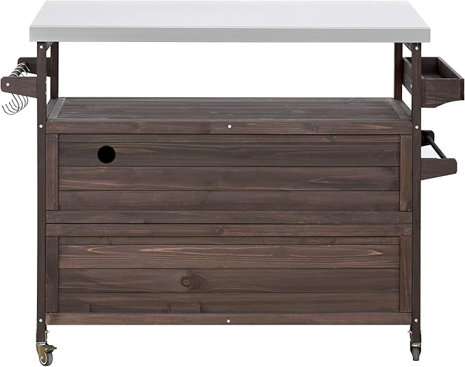 Farmhouse Solid Wood Grill Table with Stainless Steel Top, Outdoor Rolling Bar Cart & Storage Cabinet with Spice & Towel Rack, Outdoor Kitchen Island with Internal Storage Rack, Dark Brown-Ruum Studio Home