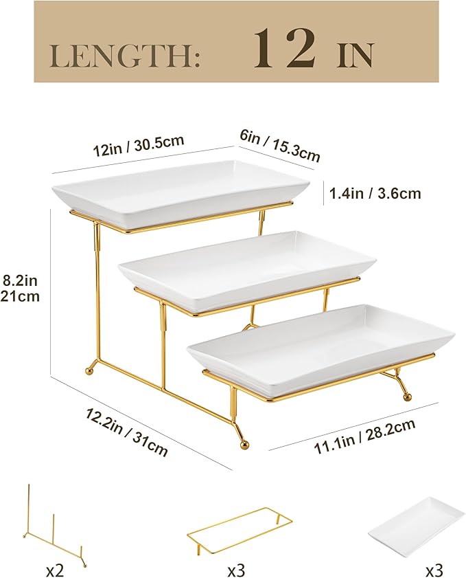 MALACASA 3 Tier Serving Trays for Party, 12 Inch Porcelain White Trays for Serving Food, Dessert Stand with Collapsible Gold Metal Rack-Ruum Studio Home